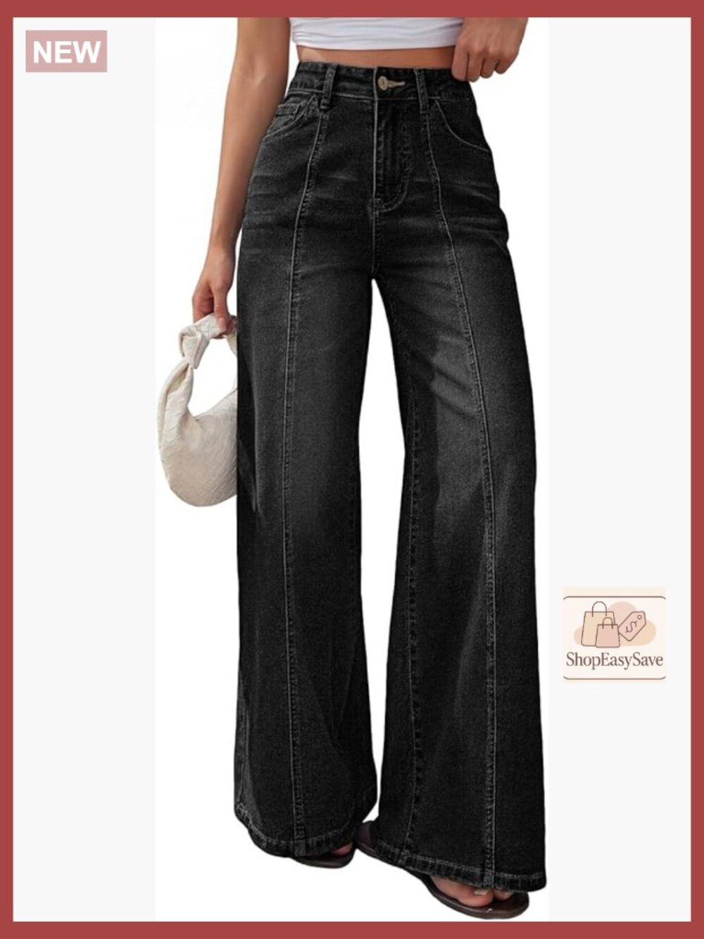 Wide Leg Baggy Jeans High Waisted Relaxed Fit Soft Stretch Denim Front Seam